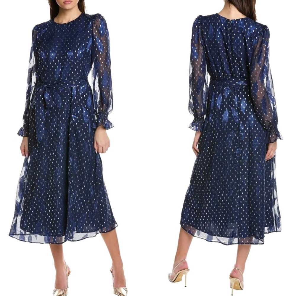 Anne Klein Navy Metallic Dot Long Sleeve Midi Dress with Belt